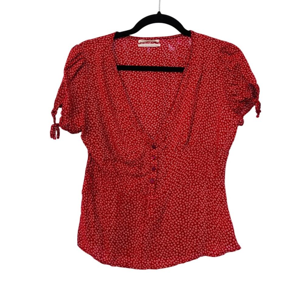Urban Outfiters Micro Floral Print Red Blouse Top Shirt Short Sleeve